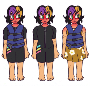 Several concept drawings for Arabella's swimsuit she wears to swim lessons. She's not happy about being in lessons with little kids.