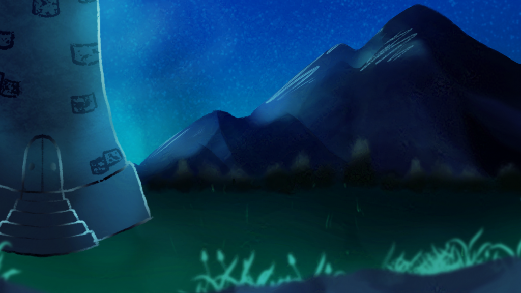 The layout for shot 4 of Starfall. Asides from extending the mountain range, adding glow effects to the tower asset, and extending the foreground, all other assets were done by Jane Pham.